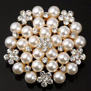 Cute Korean Style Faux Pearl Sparkling Floral Rhinestone Party Brooch Pin 1.57"